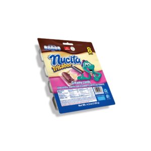 DESCRIPTION

Nucita is an emblematic Mexican brand. It has more than 45 years in the market bringing to kids and adults flavorful candies.
Their delicious treats have been enjoyed by more than one generation.
Multiflavored creamy candy (chocolate, vanilla, strawberry, and caramel).
For those children who like to have fun and be surprised while enjoying candy.
Nucita creates delicious, innovative, and fun candies so kids can live an experience full of flavor and fun.
INGREDIENTS

Sugar, soybean oil, nonfat milk solids, palm vegetable fat, nonfat milk, maltodextrin, cocoa powder, soy lecithin, polyglycerol polyricoleate, artificial flavors, TBHQ (antioxidant) Red 40. Contains milk and soy. May contain traces of peanuts, tree nuts (hazelnut), eggs, and gluten.