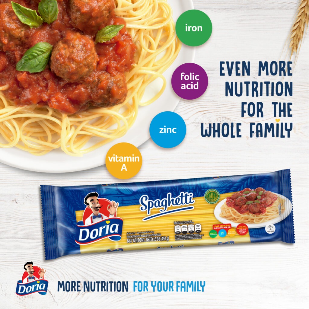 DORIA- MORE NUTRITION FOR YOUR FAMILY IRON ZINC FLOC ACID ZINC VITAMIN A EVEN MORE NUTRITION FOR THE WHOLE FAMILY SPAGHETTI