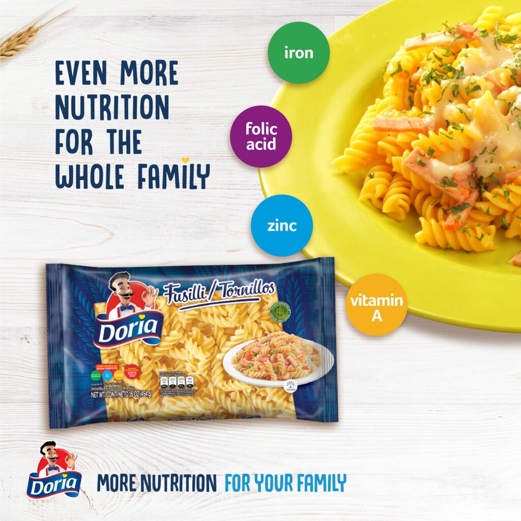 DORIA- MORE NUTRITION FOR YOUR FAMILY IRON ZINC FLOC ACID ZINC VITAMIN A EVEN MORE NUTRITION FOR THE WHOLE FAMILY FUSILLI/TORNILLOS