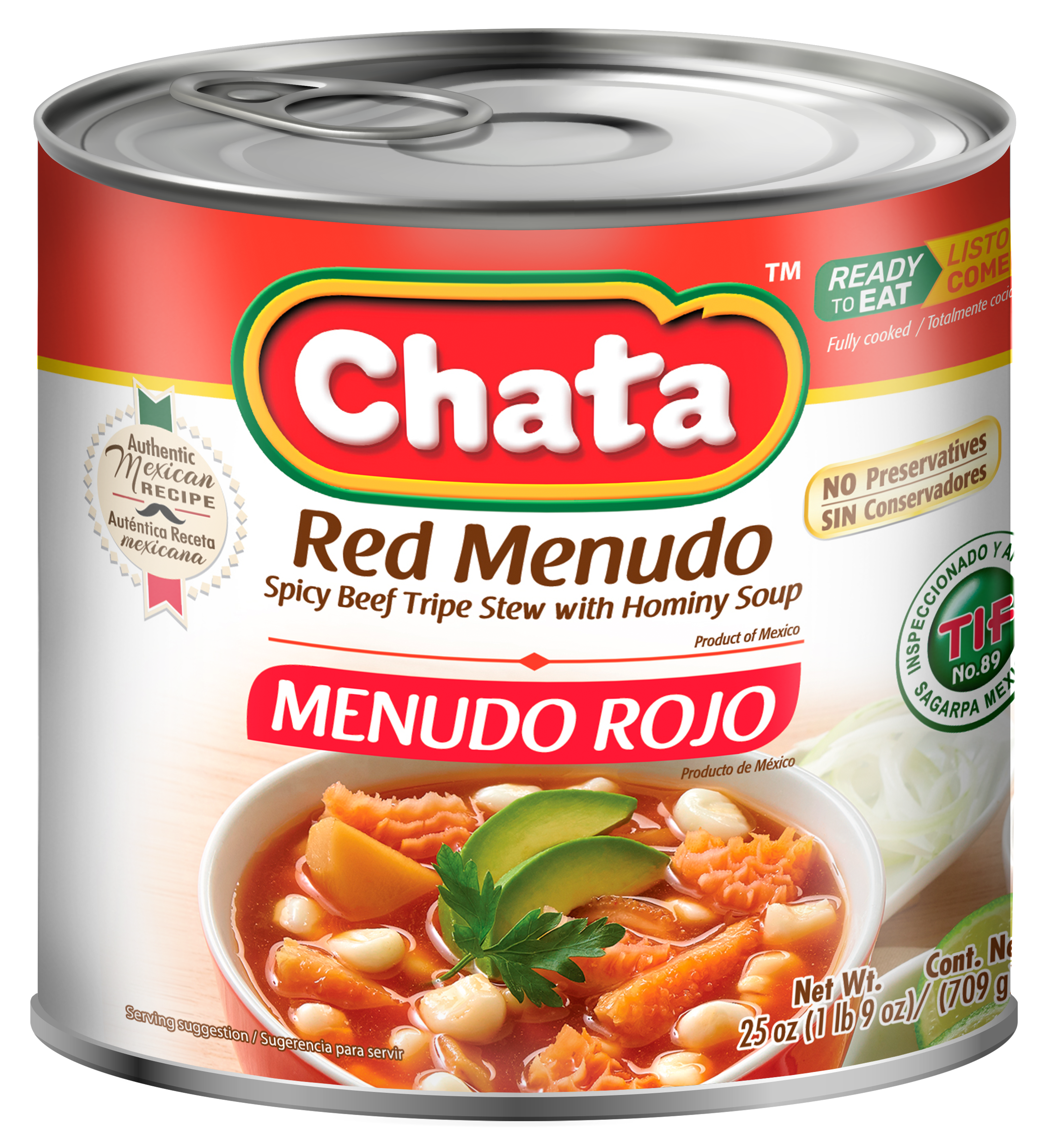 2012107 Chata Red Menudo with Hominy 25 Oz Can Beef Tripe Stew with Hominy