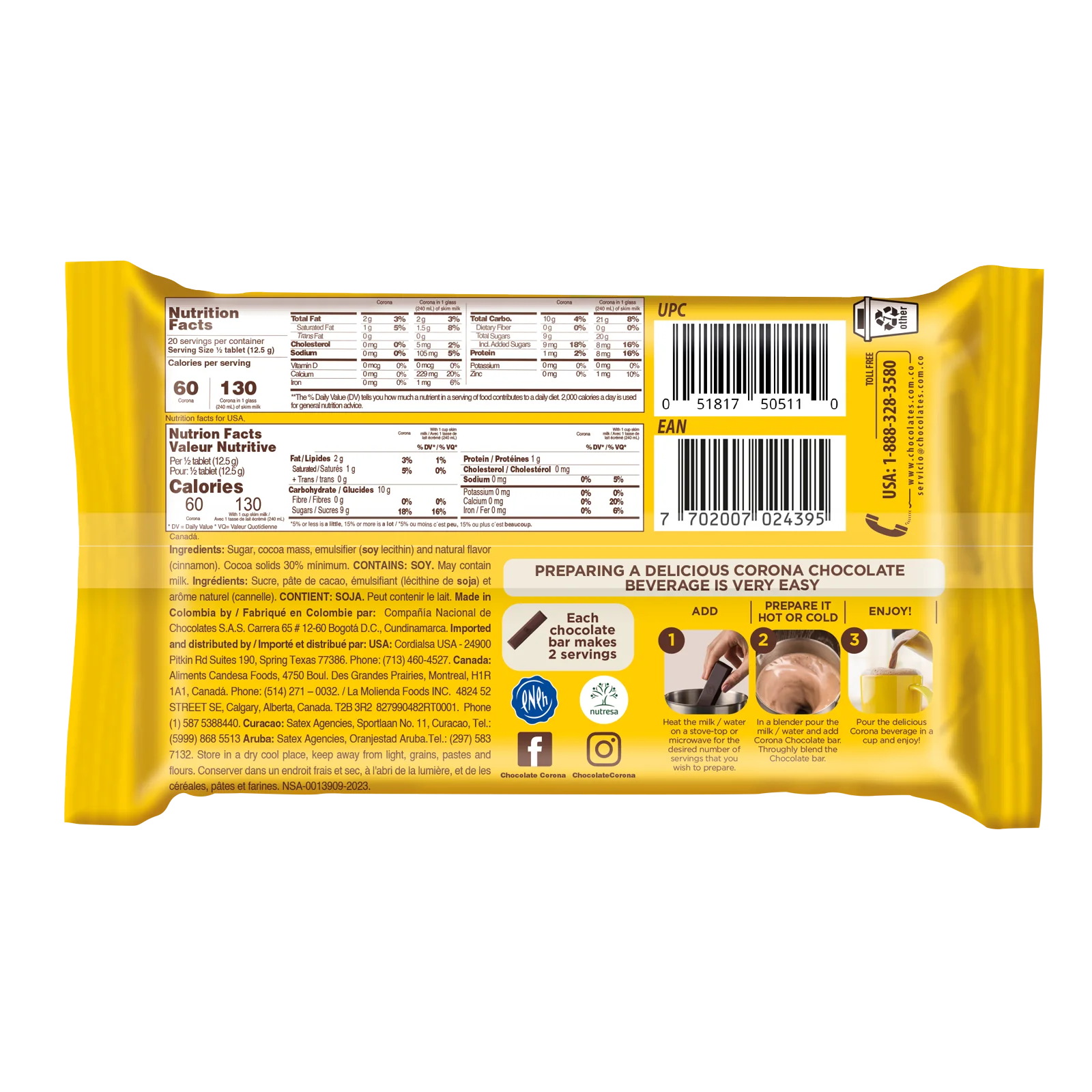 1004520 Corona Sweet Chocolate Bar 8 82 Oz BACK