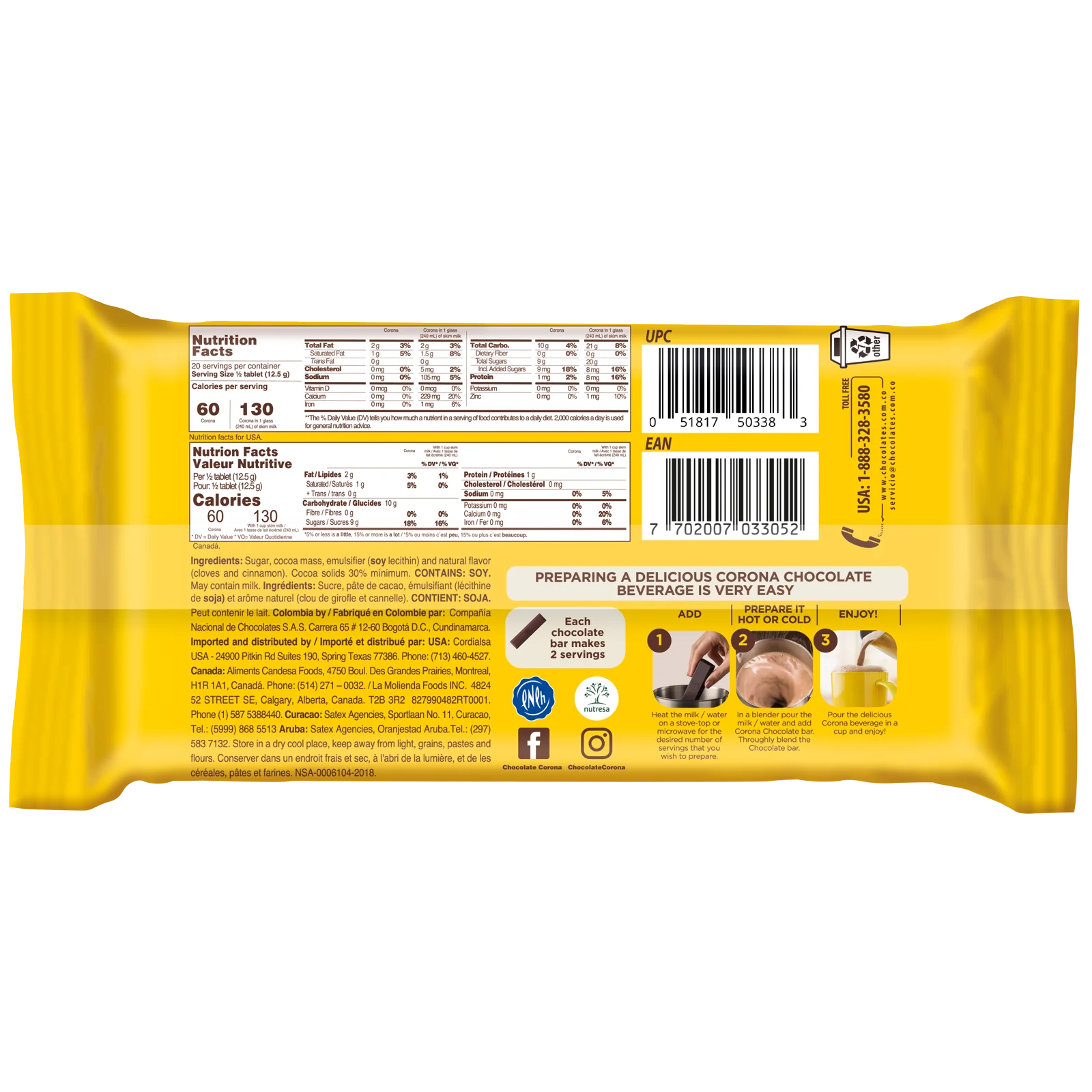 1013486 Corona Hot Chocolate Cloves Cinnamon Bar 8 82 Oz BACK