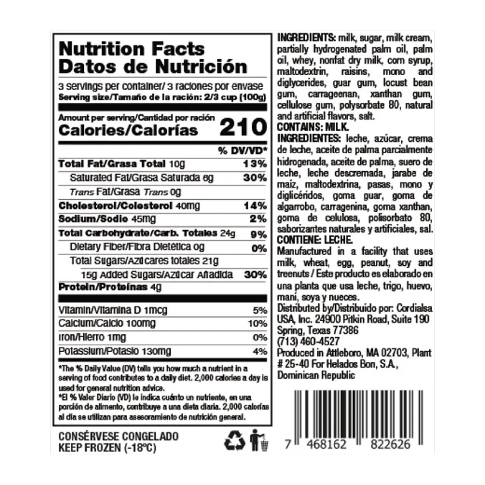 1055046 BON FROZEN DESSERT RUM RAISINS 6 16OZ NL