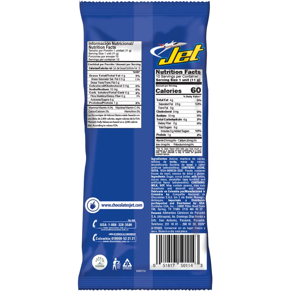 1070517 Jet Milk Chocolate Bar 3 88 Oz BACK