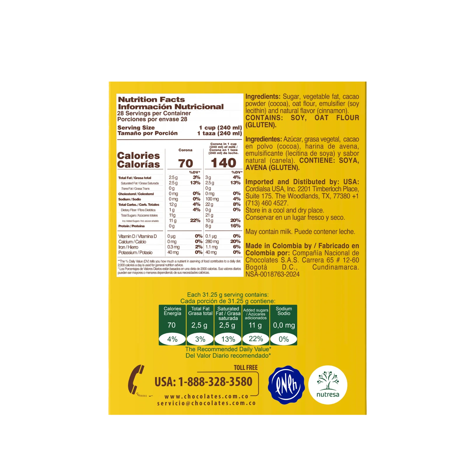 Corona Chococolate Single Serve Box 15 43 Oz BACK