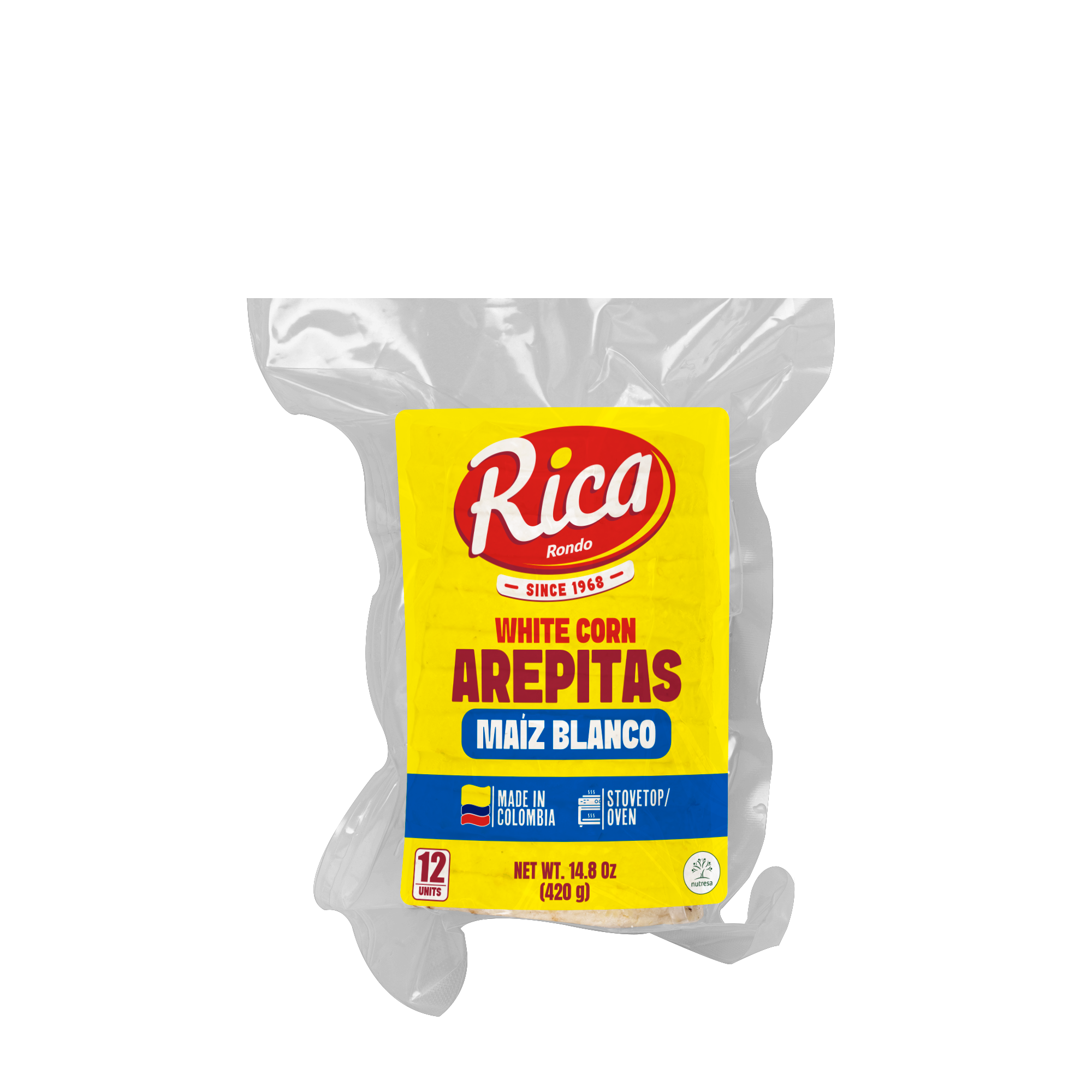 1093227 RICA AREPITAS WHITE CORN 12 14 8 OZ FRONT