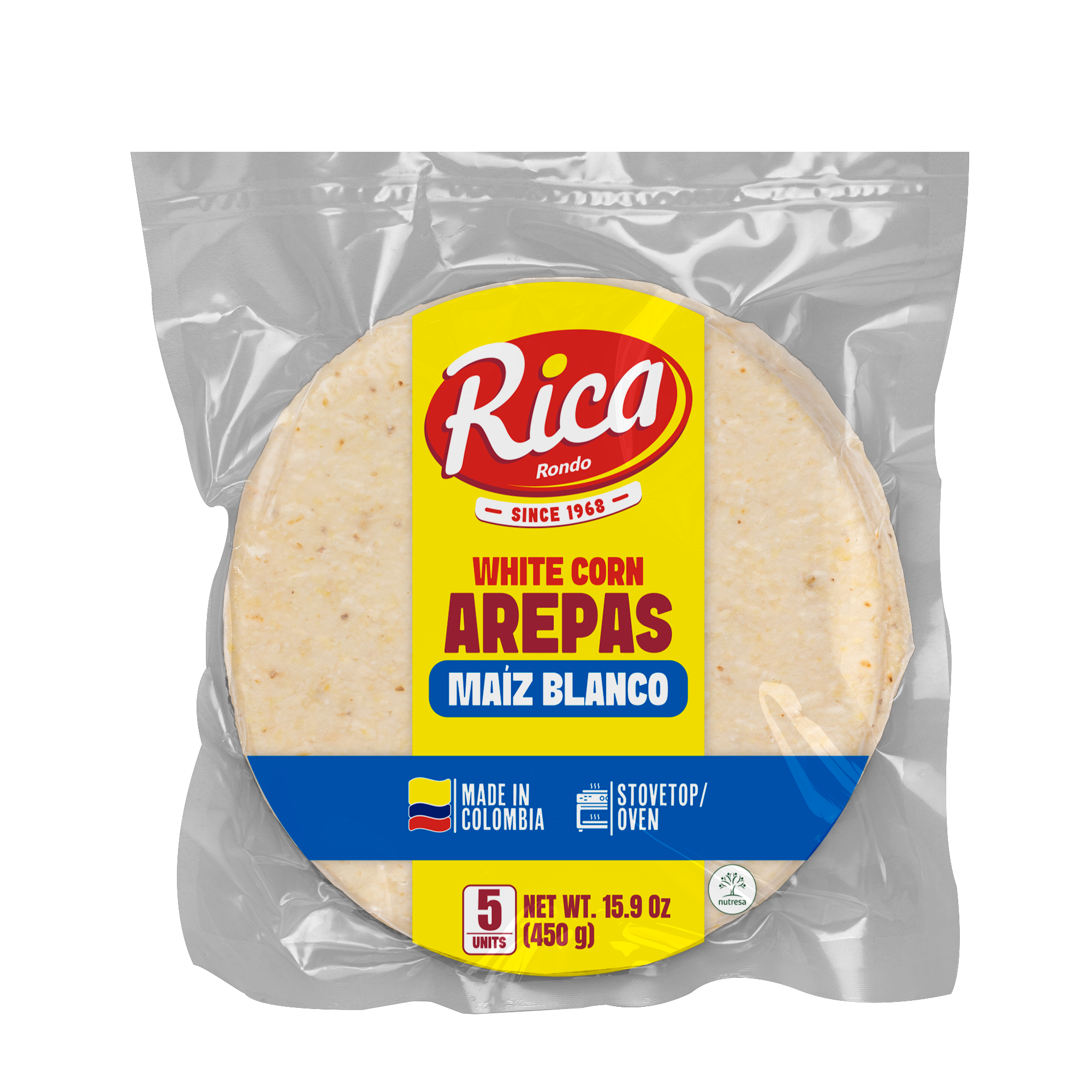 1093228 RICA AREPAS WHITE CORN 12 15 8 OZ FRONT